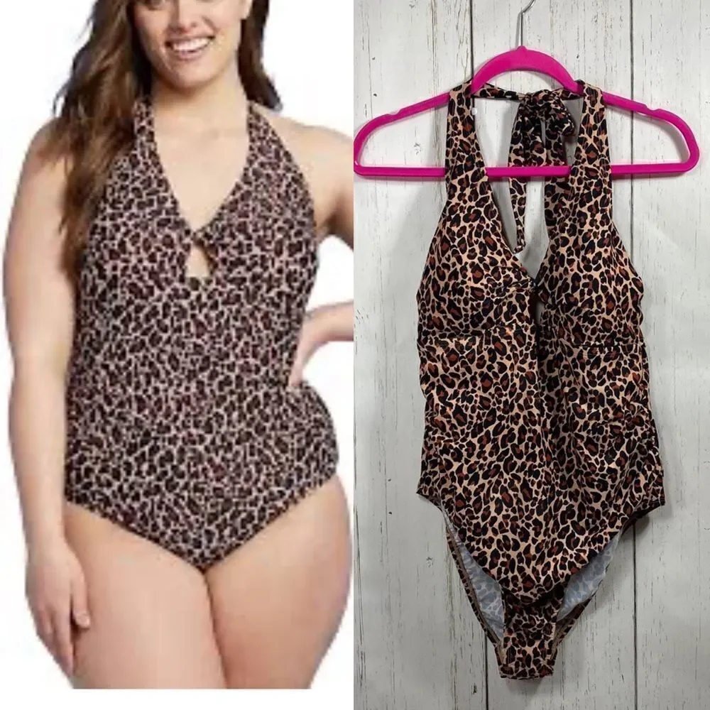 Kona Sol Womens Leopard Print Twist Front Halter One Piece Swimsuit